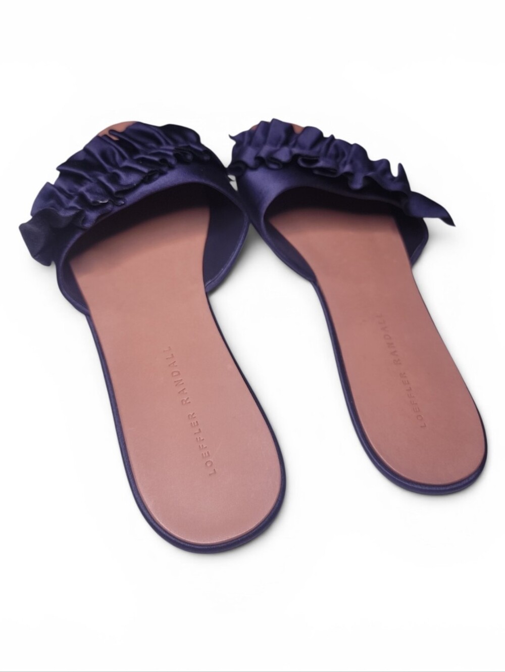 LOEFFLER RANDALL Rey Satin Ruffled Flat Sandals, Eclipse - Picture 3 of 4